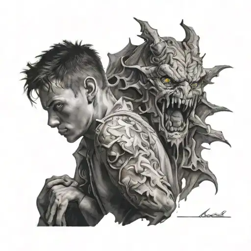 make a tattoo sleave of a boy hiding from the devil in the light of god tattoo design idea