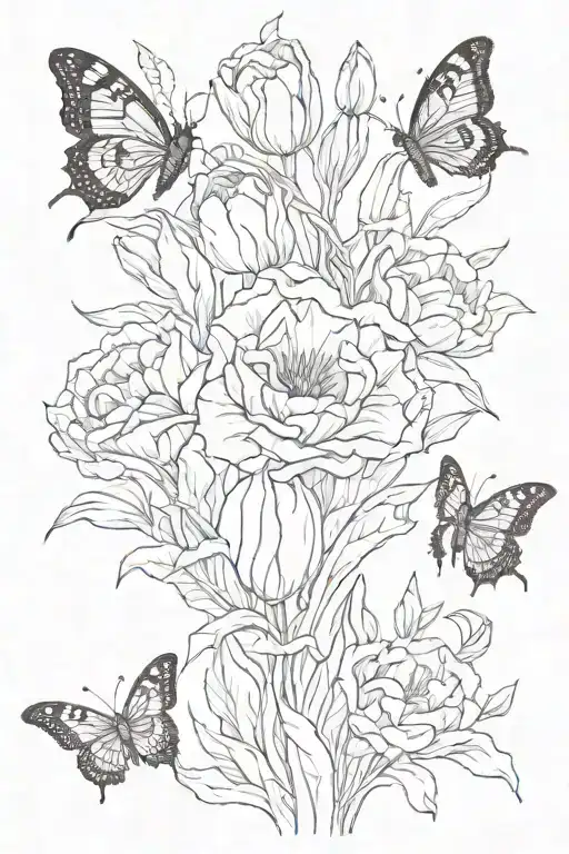 Red snake slithering in between three tulip flowers, and butterflies tattoo design idea