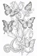 Red snake slithering in between three tulip flowers, and butterflies tattoo design idea
