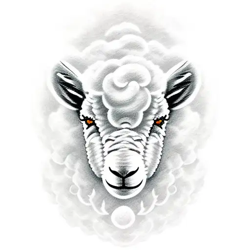 7 white sheeps and a black one enlightened by the sunlight with realistic clouds background tattoo design idea