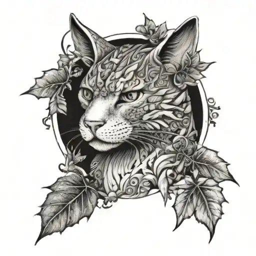 cat and dragon with leafs and birds tattoo design idea
