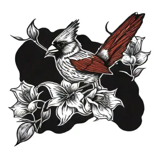 cardinal bird with carnation, Hawthorne, morning glory, Narcissus, and sweetpea flowers  tattoo design idea