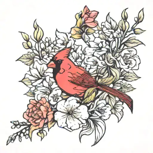 feminine cardinal bird with carnation, Hawthorne, morning glory, Narcissus, and sweetpea flowers  tattoo design idea