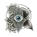 simple hamsa with evil eye,  lotus and moon   tattoo design idea
