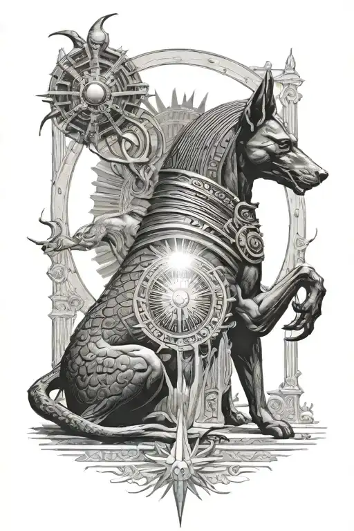 Anu Ra protecting the sun from apophis while chaos is below amongst humans. Anubis is directing the dead through a door tattoo design idea