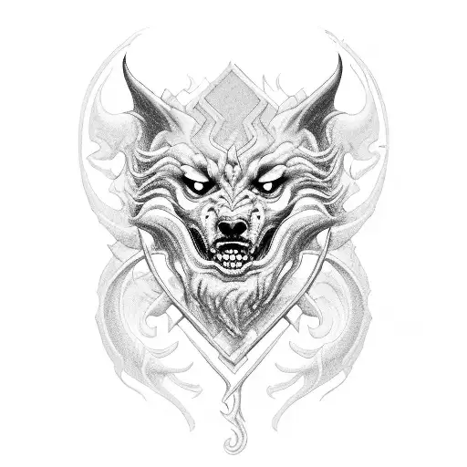 A dynamic and fierce portrayal of Cerberus guarding the gates of the Underworld tattoo design idea