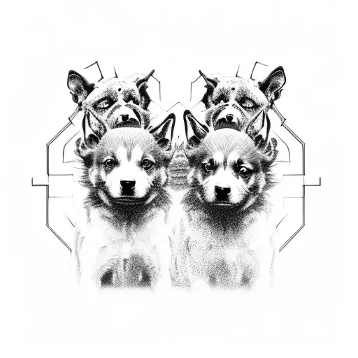 A mesmerizing black and grey tattoo showcasing Cerberus, the three-headed dog, guarding the entrance to the Underworld. tattoo design idea