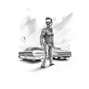 dead father alive son walking into drag strip in front of a old school car tattoo design idea