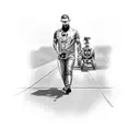 father son walking into dragstrip in front of a old school car tattoo design idea