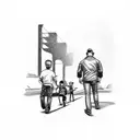 father son walking into dragstrip in front of a old school car tattoo design idea