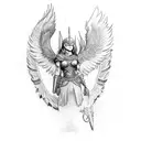 A Valkyrie warrior with wings and a wolf companion tattoo design idea