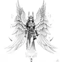 A Valkyrie warrior with wings and a wolf companion tattoo design idea
