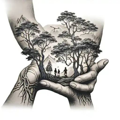 A tree with branches shaped like a family holding hands, surrounded by mountain scenery tattoo design idea