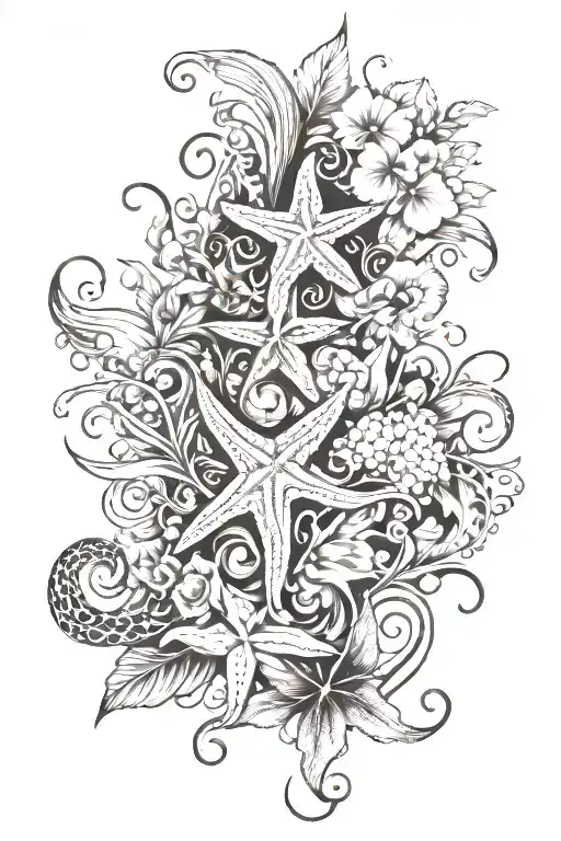flowers, vines , shell, star fish, ocean, leaves tattoo design idea