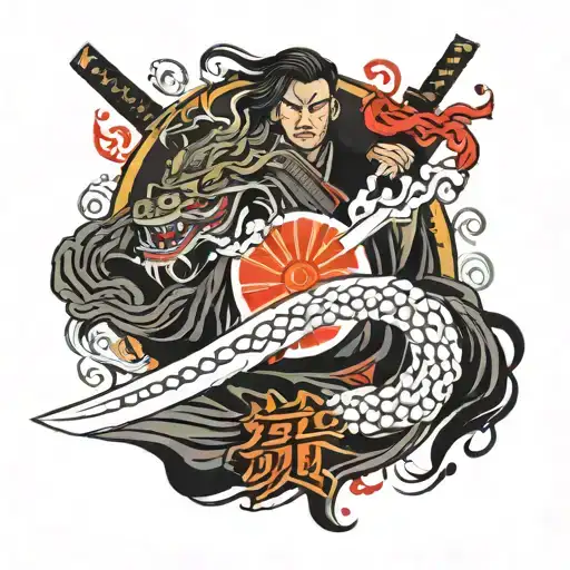 Japanese strength kanji combined with flaming samurai sword tattoo design idea