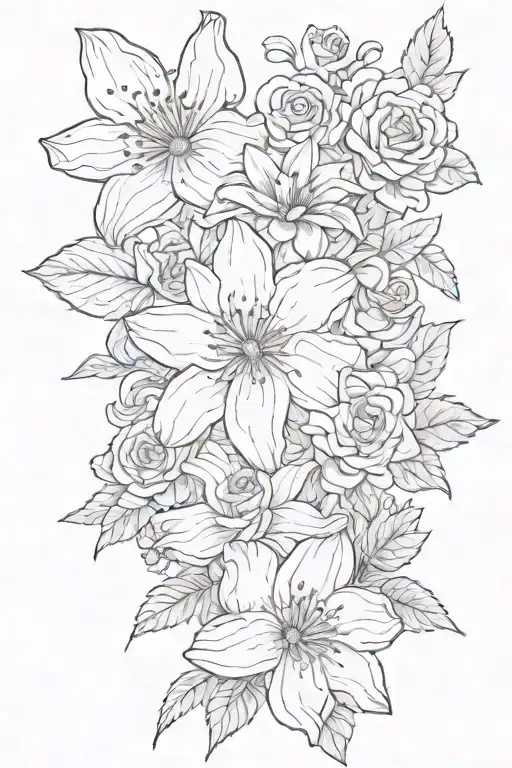 a lilly flower, a jonquill flower, a daisy flower, a rose, and a mums flower. tied together with a little bow tie  tattoo design idea