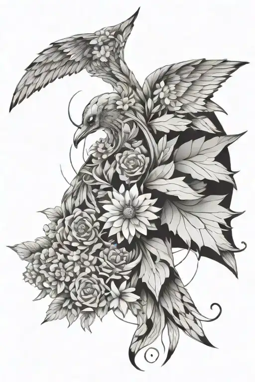 1111 incorporated into its angel wings surrounded by flowers tattoo design idea
