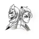 A tattoo design combining programming code with artistic sketches of jiraiya and tsunade from Naruto tattoo design idea
