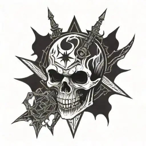 Vampire skull with pentagram integrated circuitry and a sword piercing it tattoo design idea