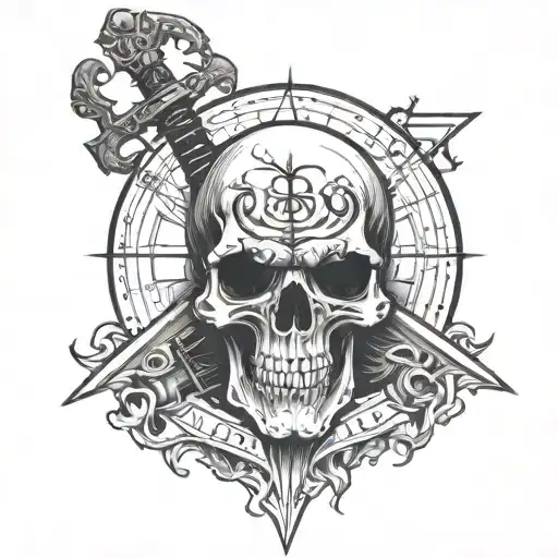 Vampire skull and a sword piercing it with a pentagram in the background tattoo design idea
