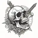 Vampire skull and a sword piercing it with a pentagram in the background tattoo design idea