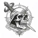 Vampire skull and a sword piercing it with a pentagram in the background tattoo design idea
