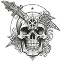 Vampire skull and a sword piercing it with a pentagram in the background tattoo design idea
