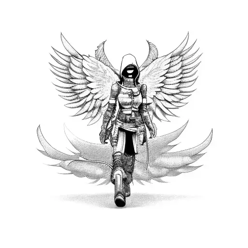 A hacker with angel wings fighting against a virus monster tattoo design idea