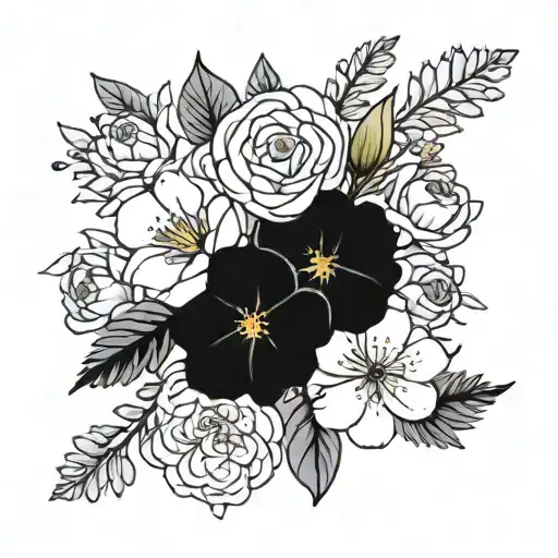 black and grey shoulder tattoo with the birth flowers from February, June, and September together. tattoo design idea