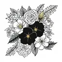 black and grey shoulder tattoo with the birth flowers from February, June, and September together. tattoo design idea