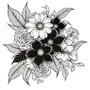 black and grey shoulder tattoo with the birth flowers from February, June, and September together. tattoo design idea