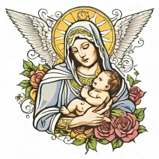 virgin mary holding baby jesus christ tattoo design idea