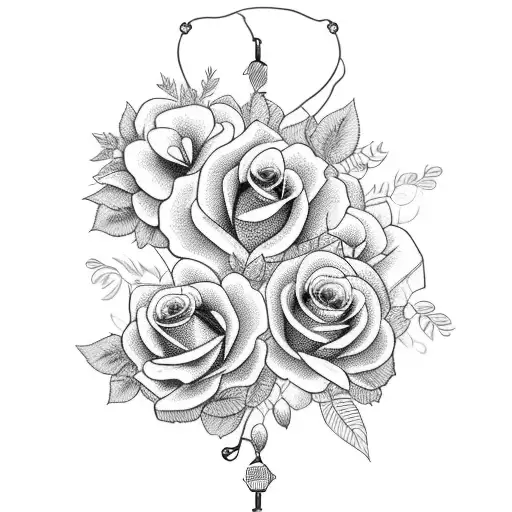 A pretty flower bouquet with handcuffs wrapped around it tattoo design idea