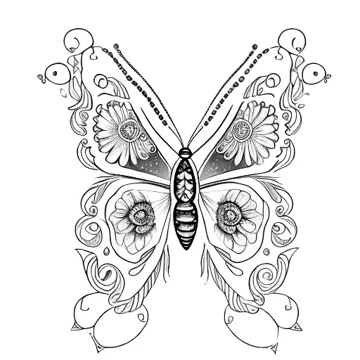 A dotwork tattoo of a gentle and serene scene of a butterfly perched on a flower, with a single tear falling from its eye, representing the client's deep empathy and compassion. tattoo design idea