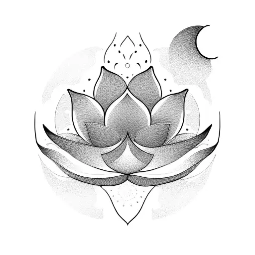 A blackwork tattoo of a lotus flower blooming under a crescent moon, symbolizing the client's journey of personal growth and enlightenment. tattoo design idea