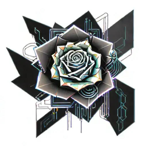 crystal rose coming out of an open book surrounded by motherboard wires tattoo design idea