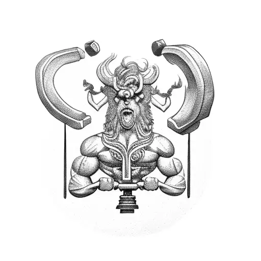 An intricately detailed Greek mythological creature lifting weights in a gym tattoo design idea