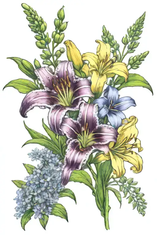 day lily, lupines, asters, buttercups, ferns tattoo design idea