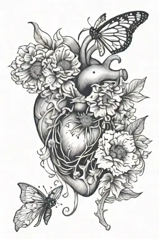 anatomically correct heart with dainty cosmos, poppy, larkspur, sweet pea, and black eyed Susan coming out tattoo design idea