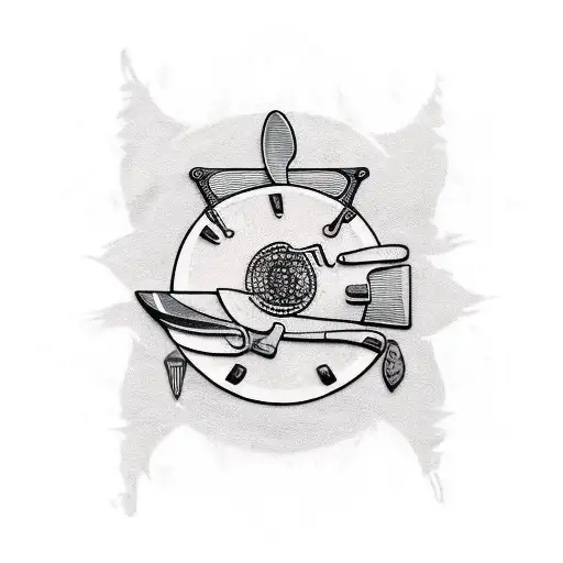 A detailed black and grey tattoo of a chef's knife and a vinyl record merging together, symbolizing the client's passion for cooking and music tattoo design idea