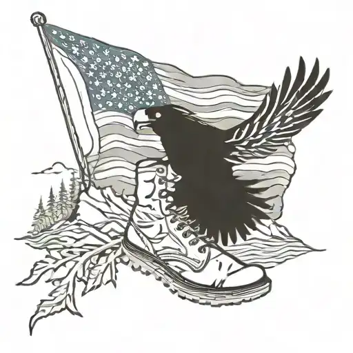 american flag, mountains, pune trees, jesus, eagle, army boots, river tattoo design idea