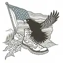 american flag, mountains, pune trees, jesus, eagle, army boots, river tattoo design idea