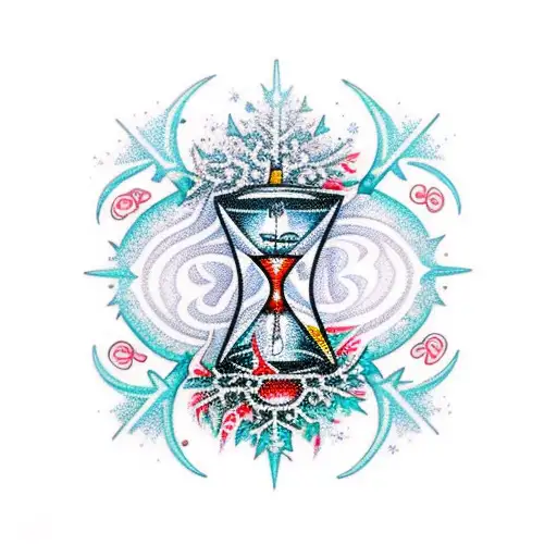 An hourglass filled with swirling snowflakes and spiritual symbols tattoo design idea