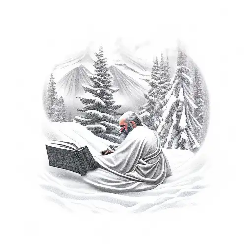 An ancient philosopher reading a book under a snow-covered mountain tattoo design idea