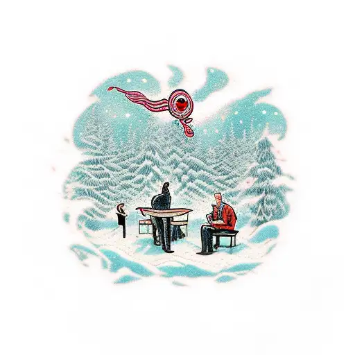 A hypnotist guiding a group of philosophers through a snowy forest tattoo design idea