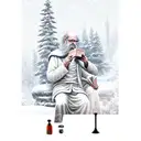 An ancient philosopher reading a book under a snow-covered mountain tattoo design idea