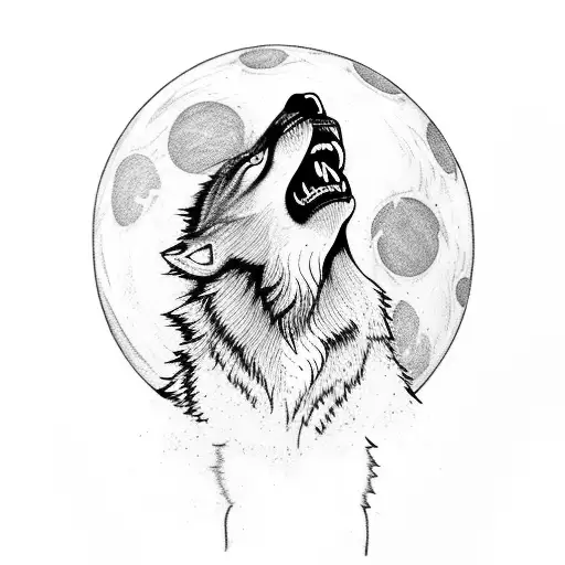 A fierce and wounded wolf howling at the full moon tattoo design idea