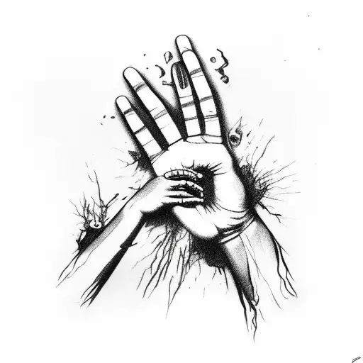 blind scarred eye and inside of it is a hand reaching out for another hand made out of knives tattoo design idea