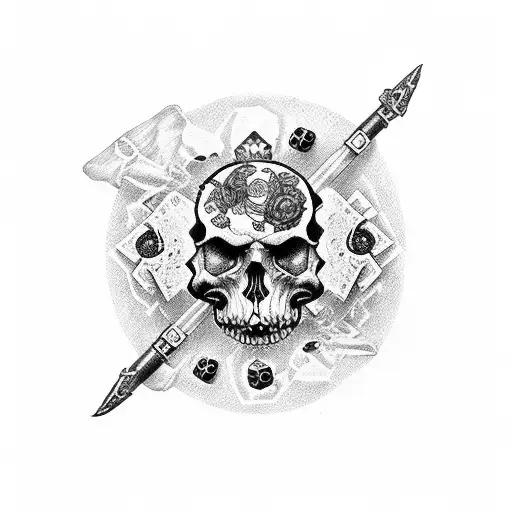 Dice with skulls and guns and roses tattoo design idea