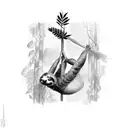 sloth hanging from a cross with jungle vines and foliage surrounding tattoo design idea